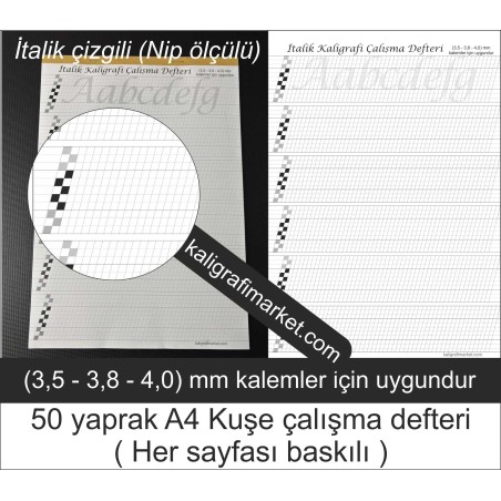 kaligrafi çalışma defteri (italik çizgili nip ölçülü)