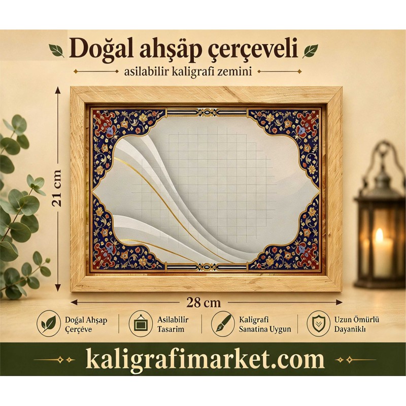 Askılı ince kenar Doğal ahşap çerçeveli 28x21cm mavi tezhib zemin