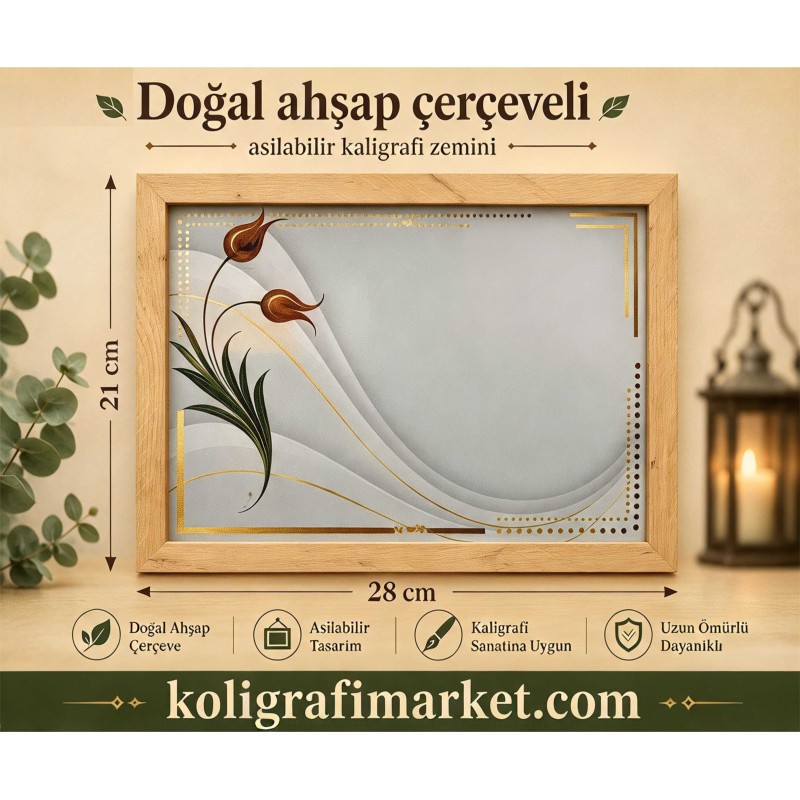 Askılı ince kenar Doğal ahşap çerçeveli 28x21cm lale zemin